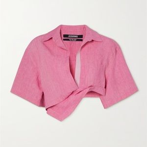 JACQUEMUS Pink Capri Asymmetric Cropped Twisted Linen Shirt